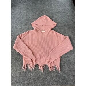Full Circle Trends Pink Distressed Frayed Hem Knit Hoodie Sweater M